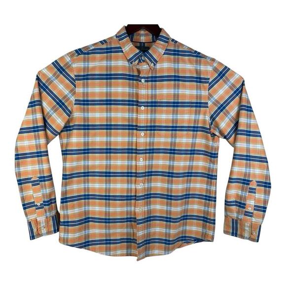 LL Bean Shirt Mens Large Slim Fit Orange Blue Plaid Bean Signature Button Up - Picture 1 of 13
